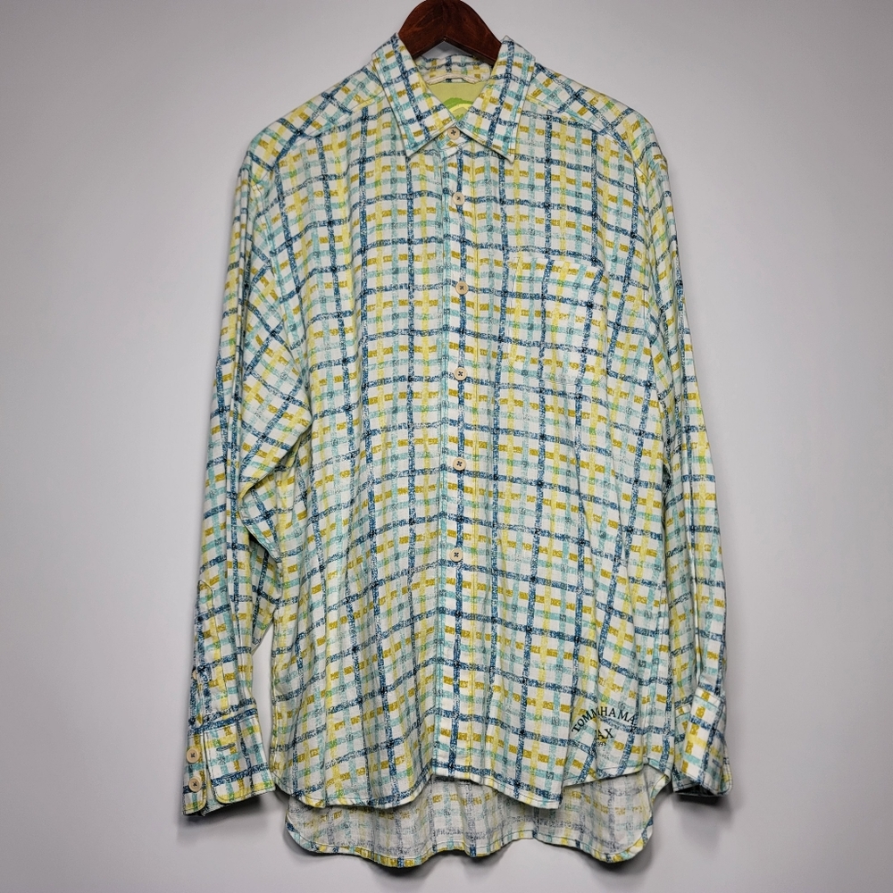 Tommy Bahama Linen Plaid Long Sleeve Yellow Shirt Size Large